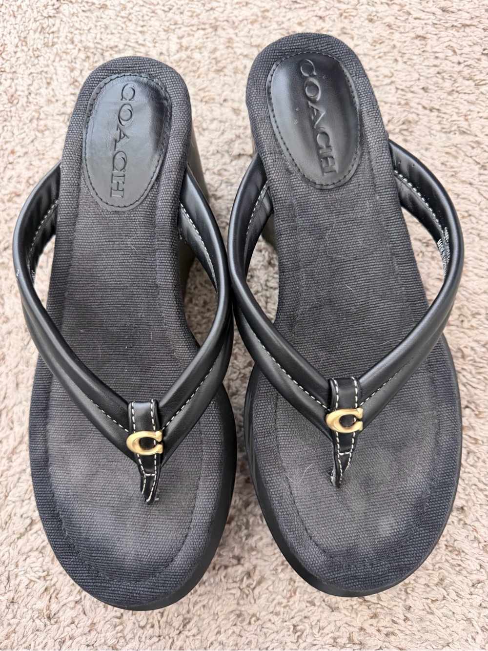 Coach Black Leather Thong Sandals with Gold 'C' Accent
